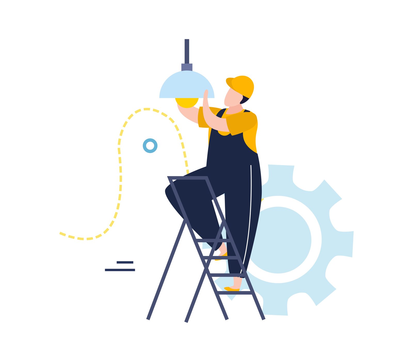 Electricity and lighting flat icons composition with character of electrician changing lamp bulb vector illustration