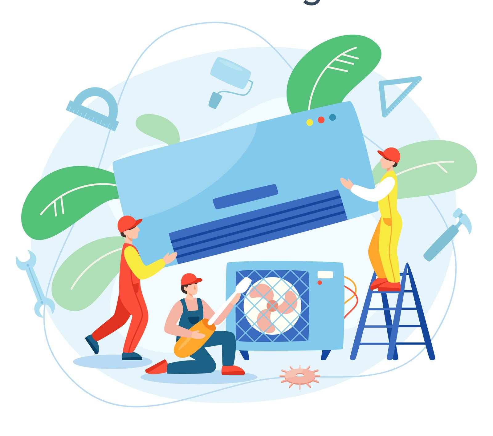 Air conditioning repair and mounting service. Repairman installing, examining and repairing conditioner with special tools and equipment. Isolated vector illustration