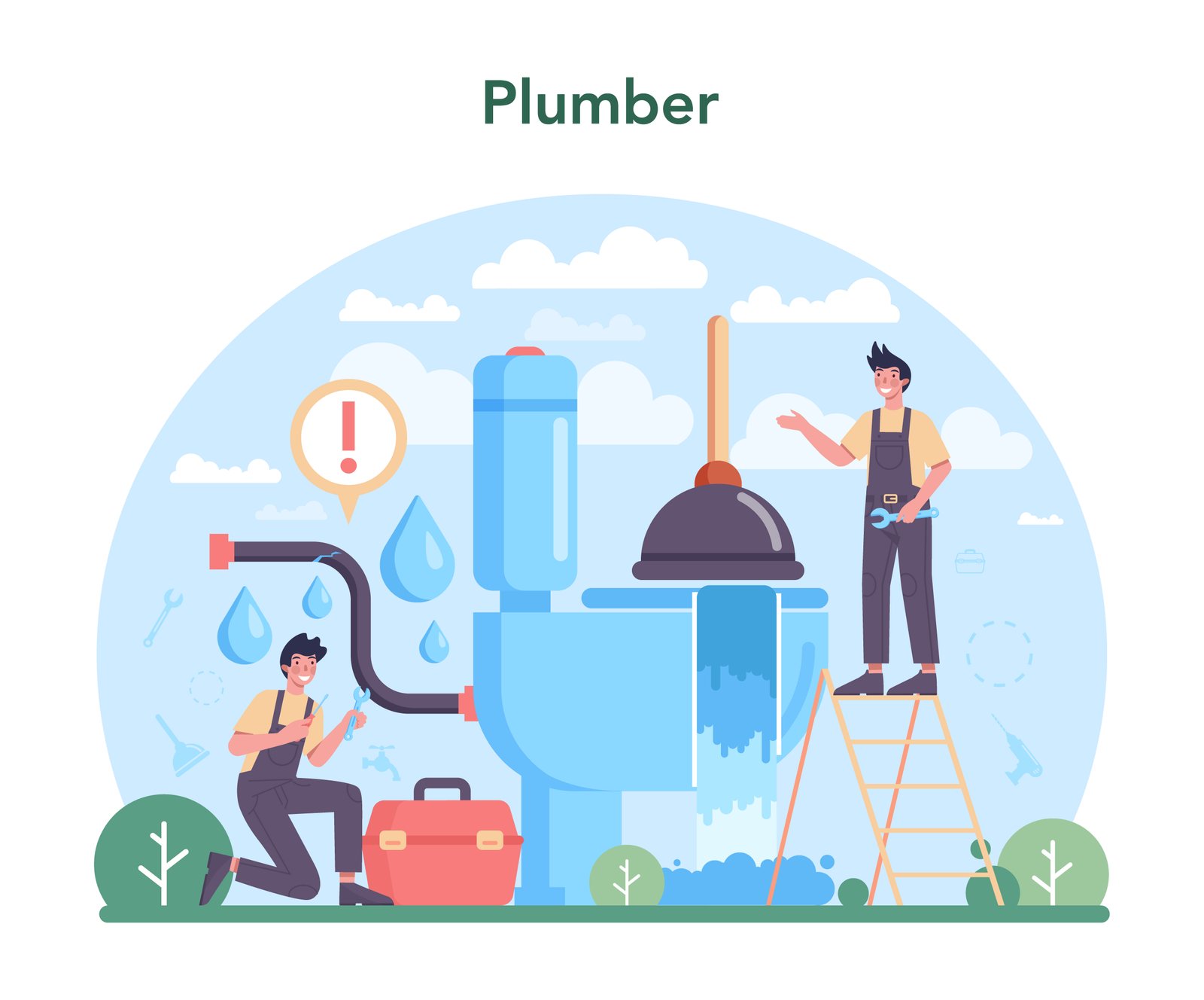 Plumber. Plumbing service, professional repair and cleaning of bathroom equipment and sewerage systems. Vector illustration.