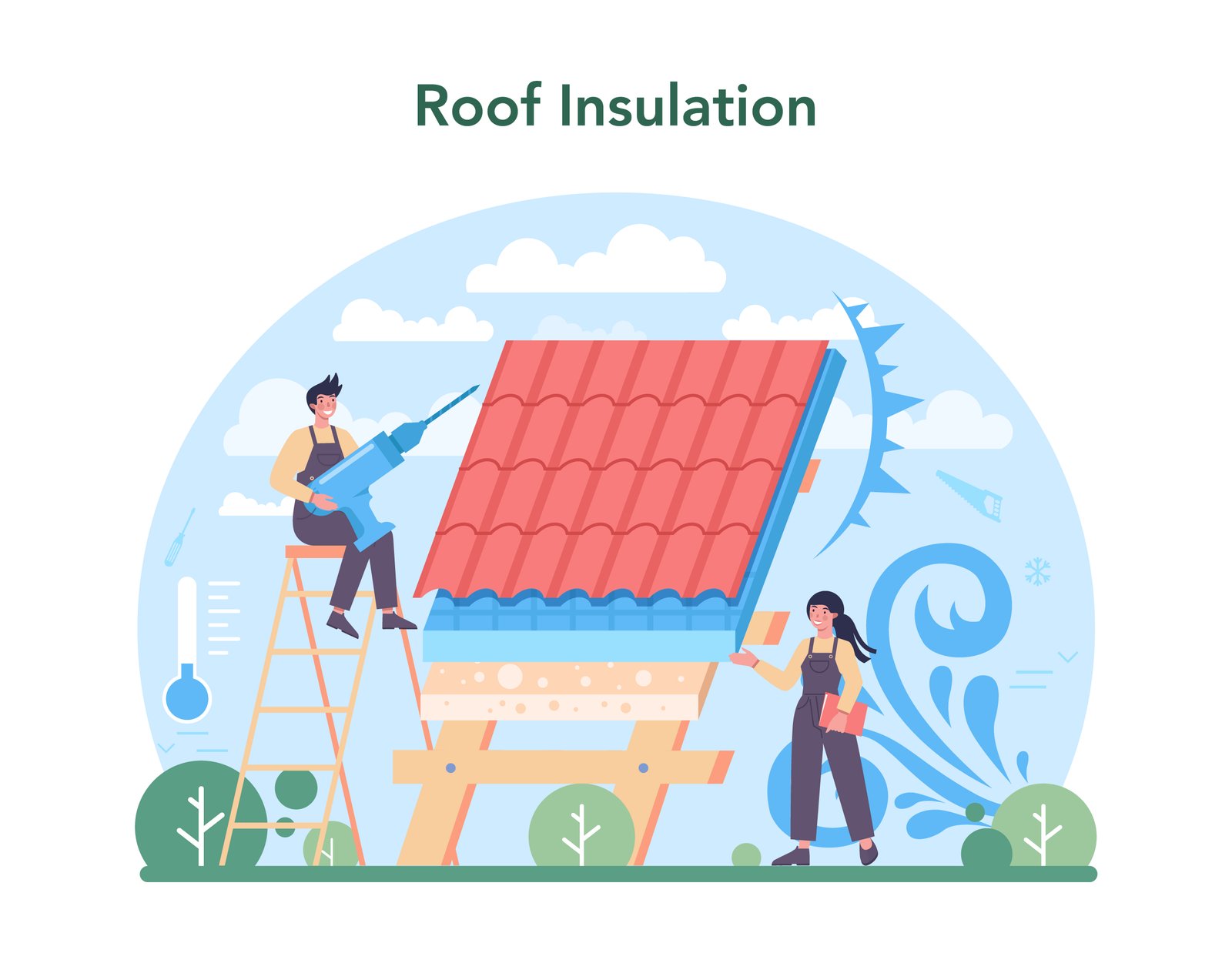 Roof construction worker. Building fixing and house renovation. Rooftop tile applying with labor equipment. Roofer men with work tools. Isolated flat vector illustration